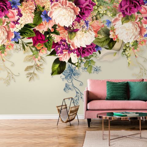 Classical Colorful Vine Flowers Wallpaper Mural