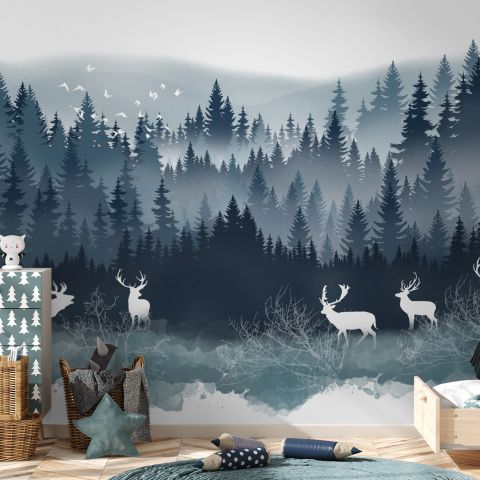 Misty Forest Landscape and Horned Deer Wallpaper Mural