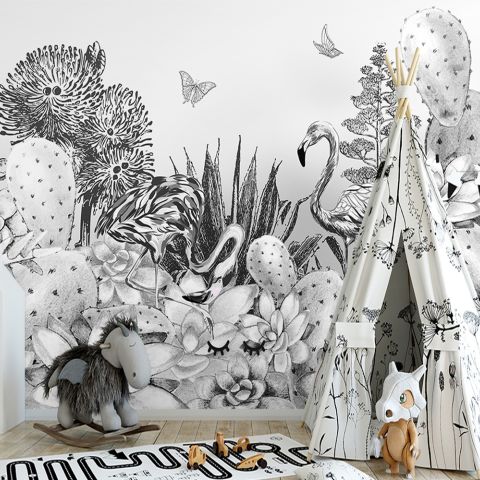Monochrome Cactus Floral with Flamingo Drawing Wallpaper Mural