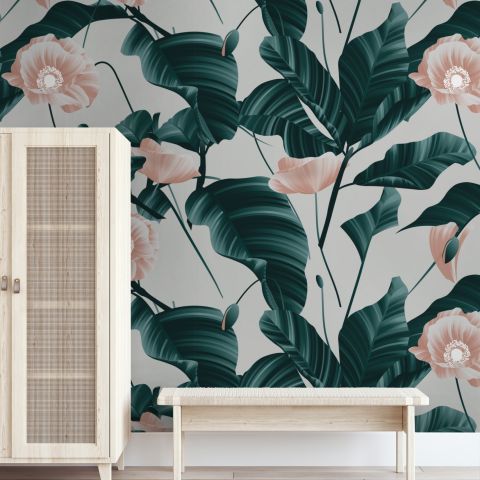 Pink Flower and Leaves Wallpaper Mural