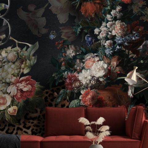 Dark Dutch Floral Bouquet with Birds Wallpaper Mural