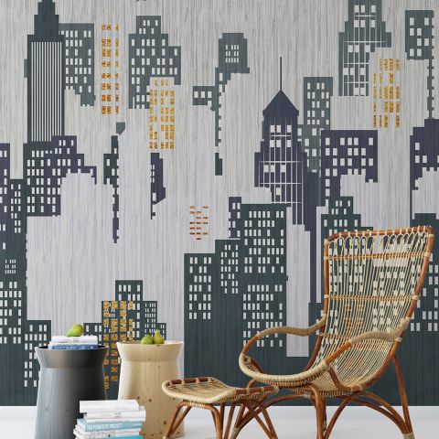 Watercolor City Silhouette Wallpaper Mural
