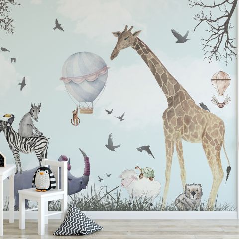 Kids Watercolor Woodland Animals with Giraffe Zebra Hippopotam Wallpaper Mural