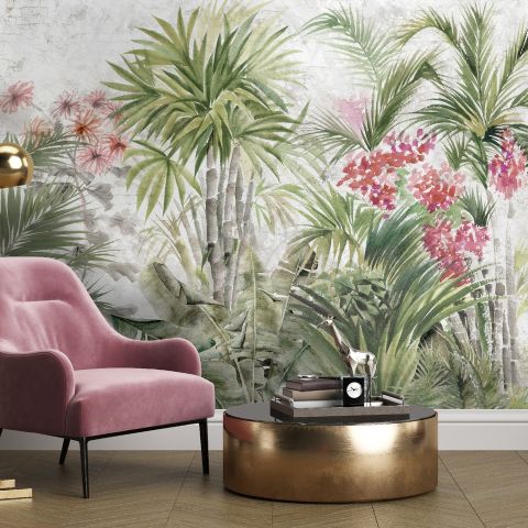 Watercolor Tropical Leaf and Flowers Wallpaper Mural