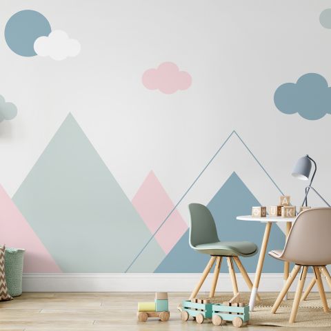 Blue Pink Mountains and Clouds Wallpaper Mural
