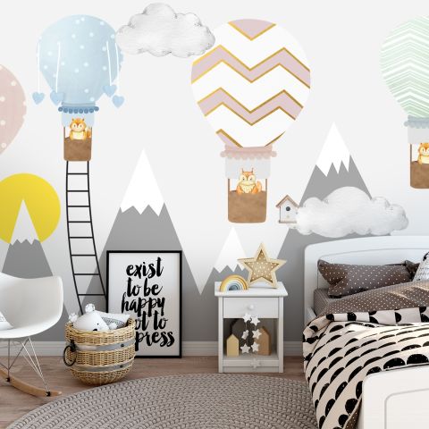 Kids Gray Mountain and Colorful Hot Air Balloon Wallpaper Mural