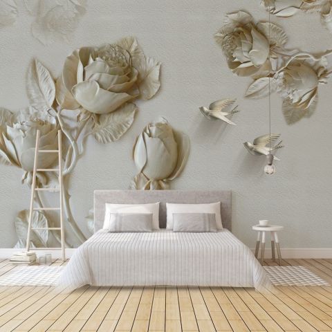 3D Embossed Look Rose Sculpture Wallpaper Mural