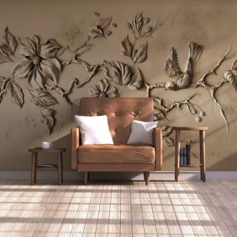 3D Embossed Look Cement Floral Tree Wallpaper Mural