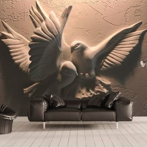 3D Embossed Look Cement Pigeons Wallpaper Mural