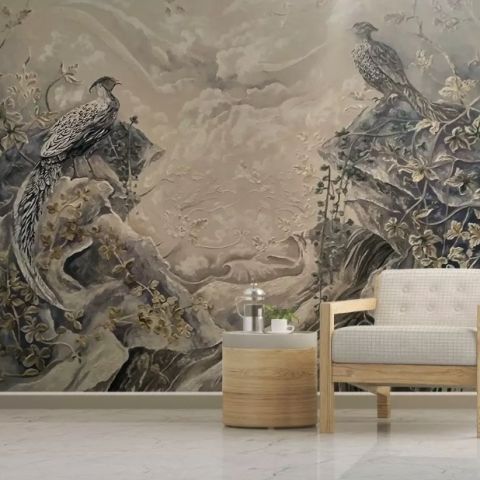3D Embossed Look Brown Landscape and Birds Wallpaper Mural