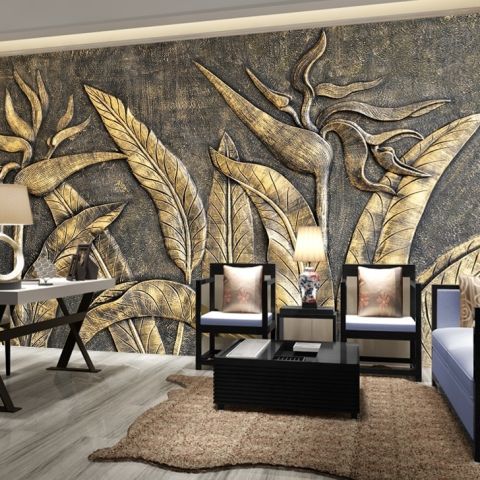 3D Embossed Look Gold Sculpture Wallpaper Mural