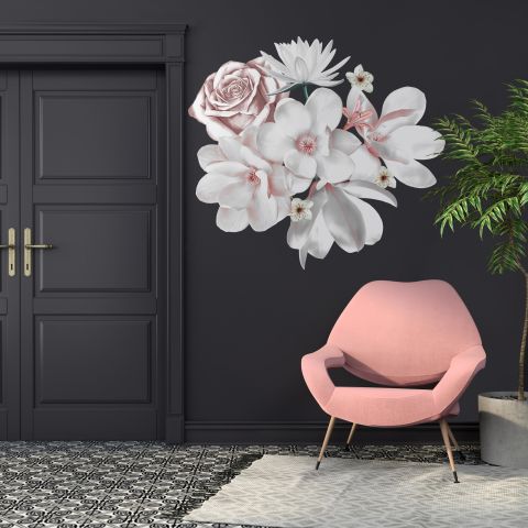 3D Floral White Daisy Lily Orchid Flower Bouqets Wall Decal Sticker