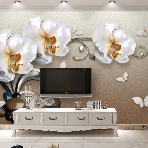 3D Look  Orchid Floral with Pebble Wallpaper Mural