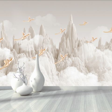 3D Look White Mountain and Cloud Landscape with Birds Wallpaper Mural