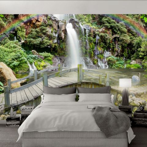 3D Look Waterfall and Rainbow Landscape Wallpaper Mural
