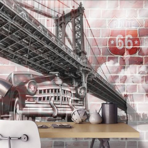 3D Look Vintage Brooklyn Bridge and Classic Car with Brick Texture Wallpaper Mural
