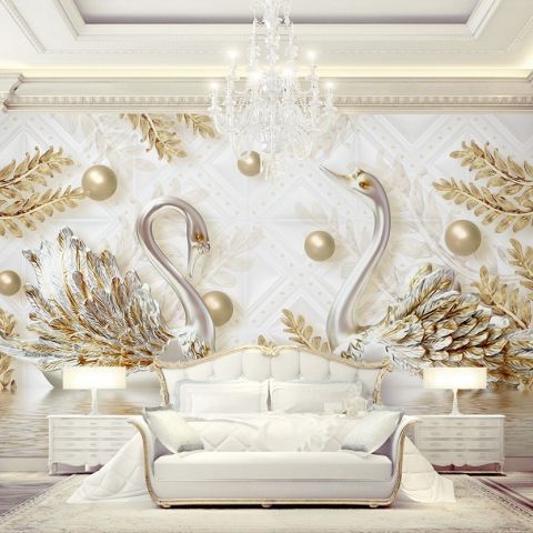 3D Look Swan and Leaf with Water Pattern Wallpaper Mural