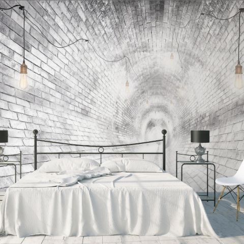 3D Look White Brick Tunnel with Lighting Wallpaper Mural
