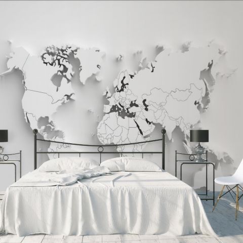 Nordic Style White Decorative 3D Look World Maps Wallpaper Mural