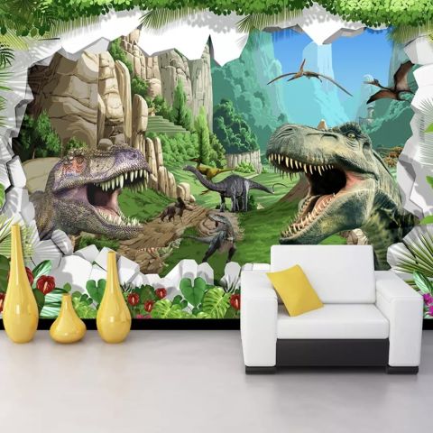 3D Look Dragons and Dinosaurs Wallpaper Mural