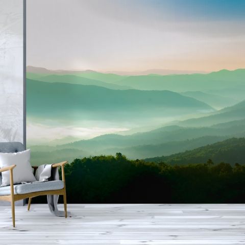 Misty Mountain Green Forest Scenic Wallpaper Mural