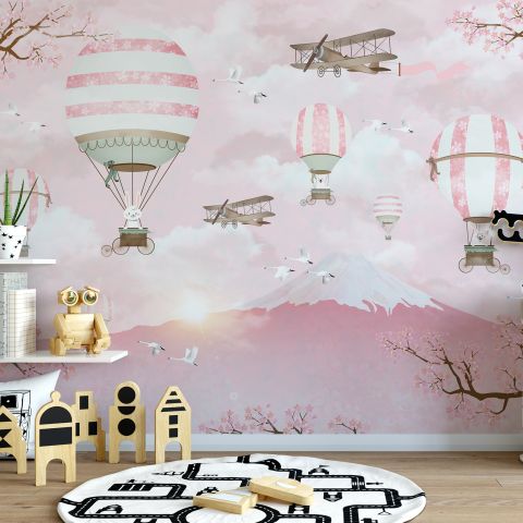 Hot Air Balloon with Pink Mountain Landscape Wallpaper Mural