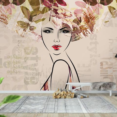 Woman Face Art with Winter Leaf Wallpaper Mural