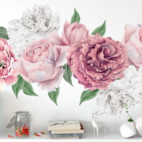 Watercolor Pink and White Peony Floral Bouqet with Rosebud Wall Decal Sticker