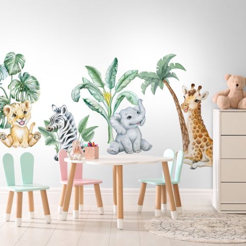 Kids Cute Safari Animal with Tropical Trees Wall Decal Sticker