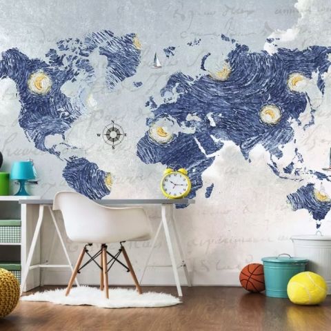 Abstract Blue World Map Wallpaper Mural