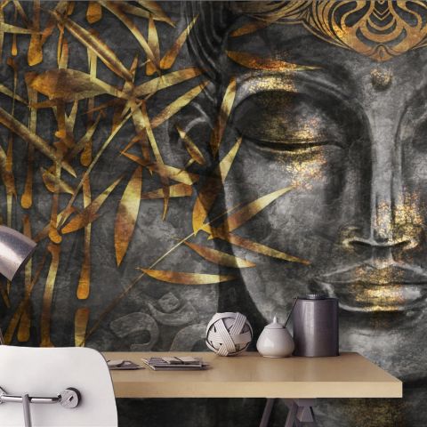 3D Look Concrete Buddha and Gold Style Leaves Wallpaper Mural