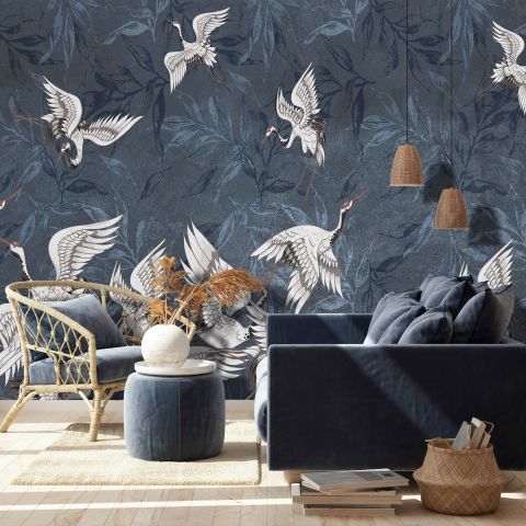 Dark Blue Grunge Style Leaves with Crane Birds Wallpaper Mural