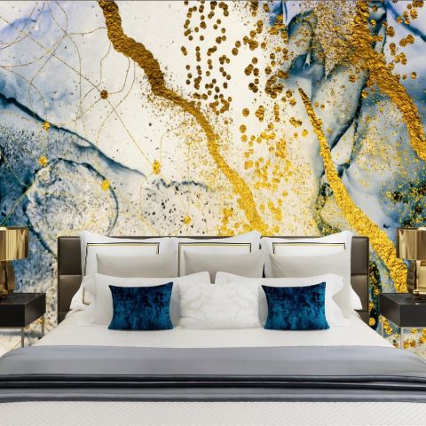 Dark Blue Ocean Brushes with Gold Style Waves Wallpaper Mural