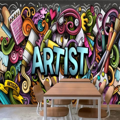 Drawing Graffiti Artist with Colorful Painting Wallpaper Mural