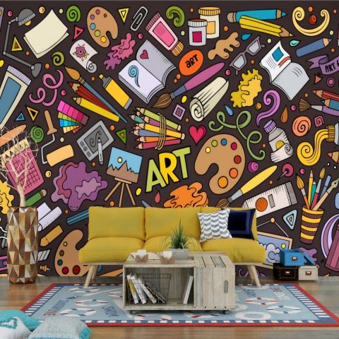 Kids Cartoon Colorful Brush Doodle Paint Wallpaper Mural