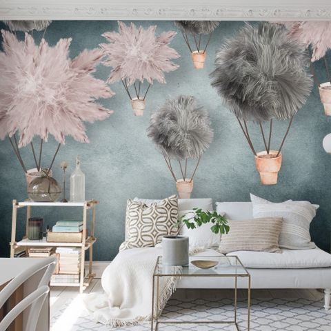 Gray Pink Feather Hot Air Balloon Wallpaper Mural