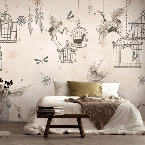 Japanese Crane Birds and Empty Cages Wallpaper Mural