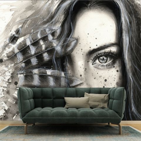 Monochrome Portrait Girl with Black Feathers Wallpaper Mural