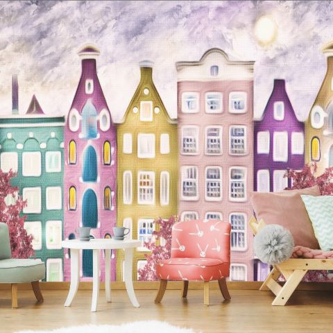 Dutch Style Colorful Houses and Red Trees Wallpaper Mural for Kids