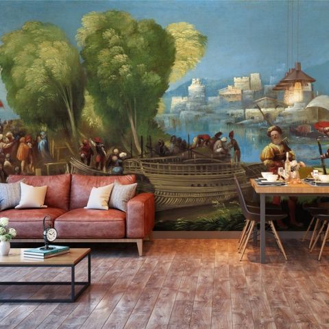 Medieval Lake Landscape with Boats Wallpaper Mural