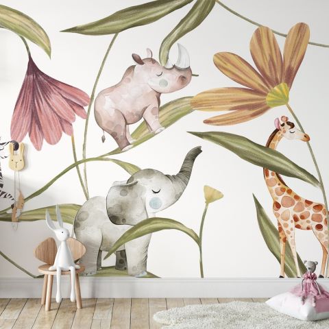Nursery Tropical Animals with Flowers Wallpaper Mural