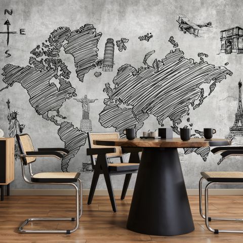 Monochrome World Map Wallpaper Mural