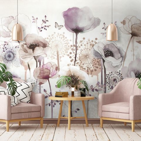 Watercolor Dark Poppy Flowers Wallpaper Mural