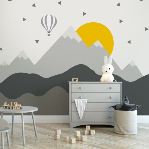 Kids Gray Geometric Mountainscape and Hot Air Balloon Wallpaper Mural