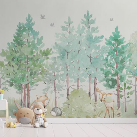 Watercolor Green Forest and Cute Fox,Hedhehog and Elk Wallpaper Mural