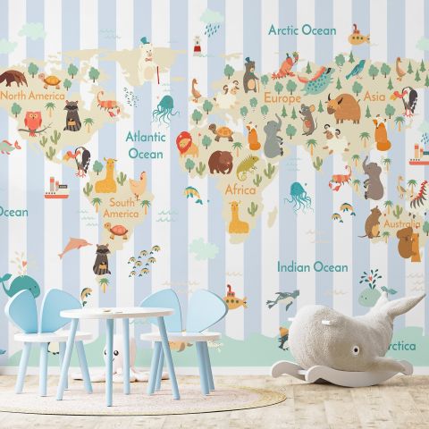 Kids Animals World Map with Stripe Pattern Wallpaper Mural