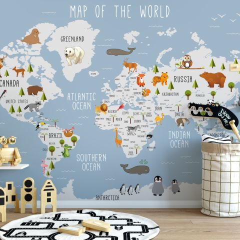 Kids World Map with Animals Wallpaper Mural