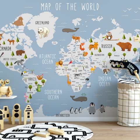 Animal World Map Wall Mural, Children's Murals