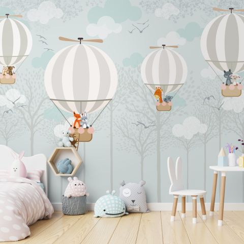 Hot Air Balloons with Animals Wallpaper Mural