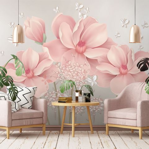Pink Hdrangea Floral with Little Butterfly Wallpaper Mural